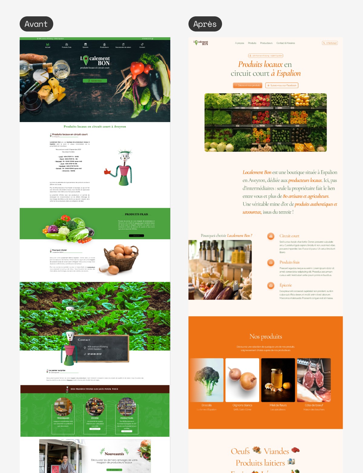 Avant après du design du site internet de Localement Bon en Aveyron