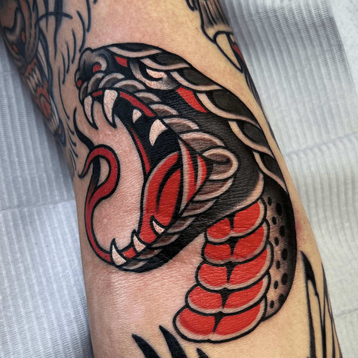 black, gray, and red tattoo of a snake head