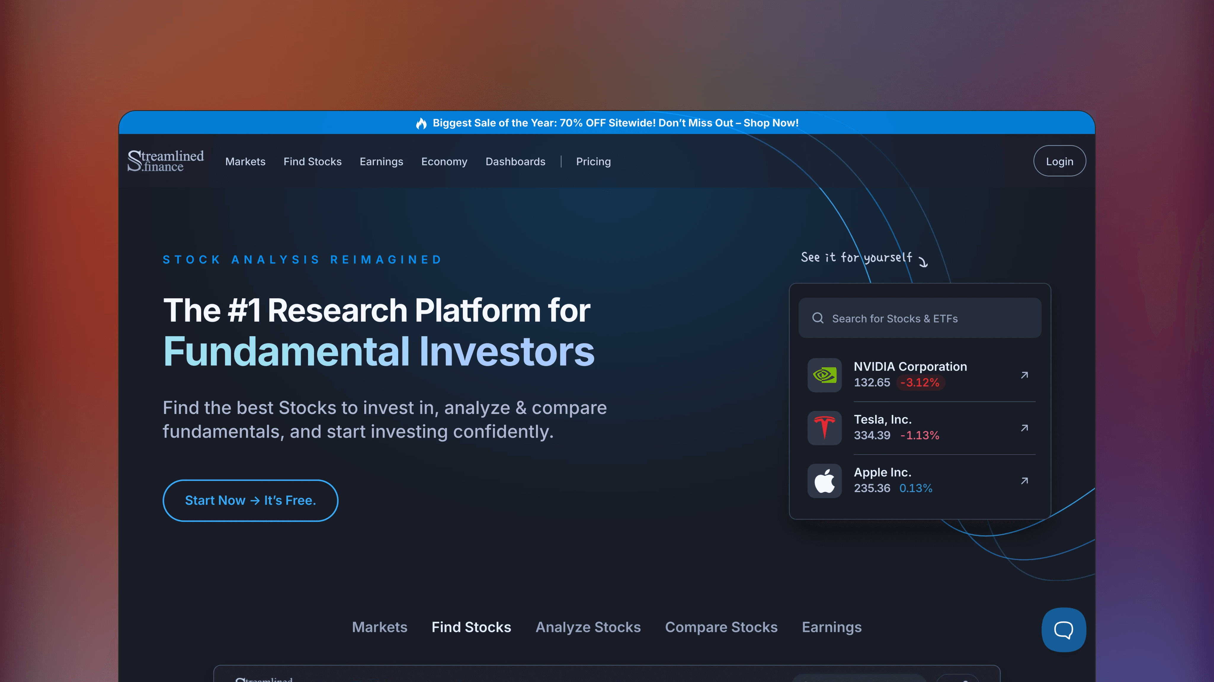 Website preview of Streamlined Finance, trade analytics screener platform featuring a dashboard for tracking cross-chain liquidity and stablecoin flows.