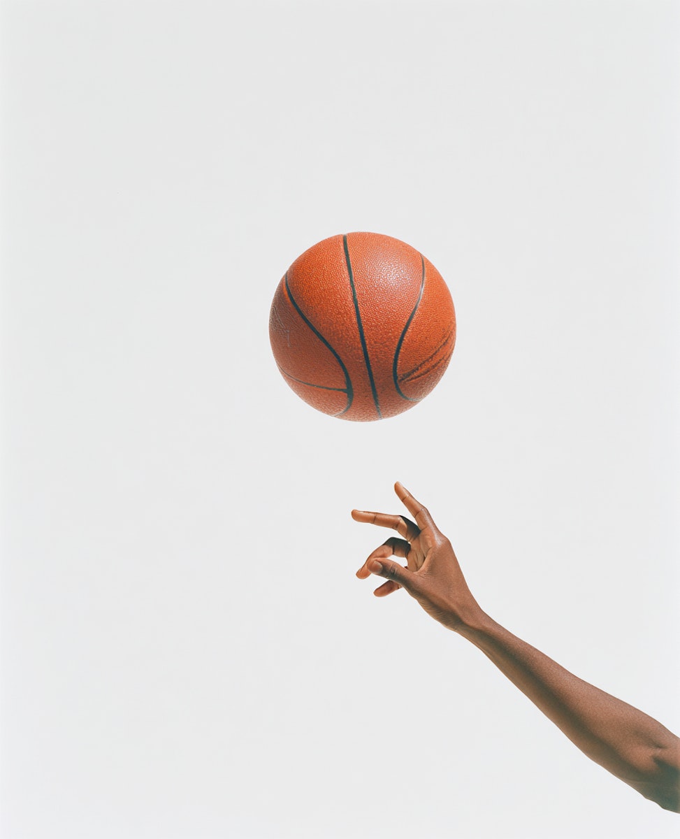 A basketball mid-air above an outstretched hand against a plain white background, highlighting motion and simplicity.