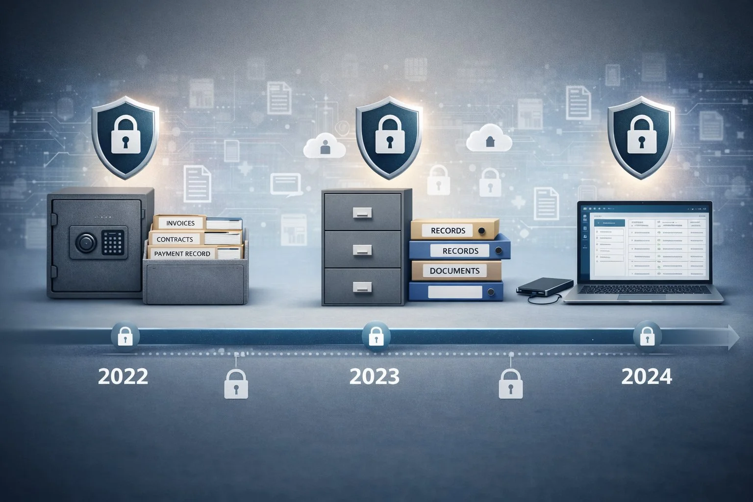 Illustration of a timeline showing records being safely stored over multiple years, with visual symbols representing security and documentation.
