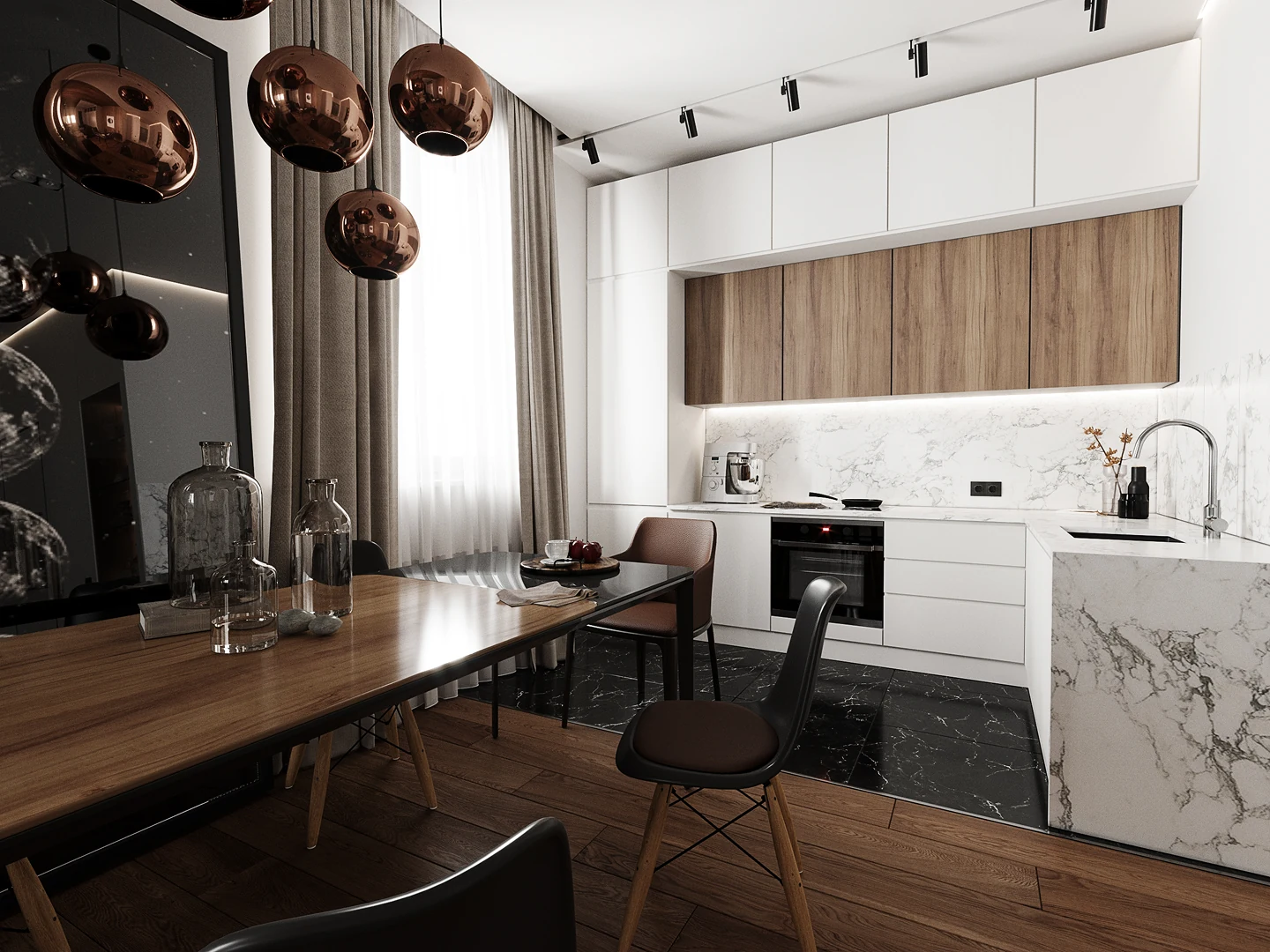 Salon — mur en pierre avec éclairage rasant.