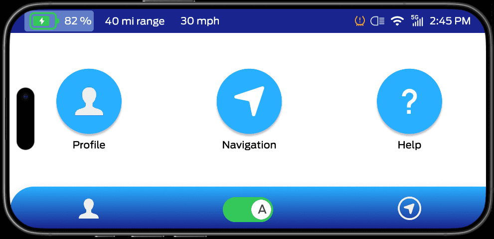 Dashboard power-on screen, with 3 blue buttons centered across the screen for profile, navigation, and help