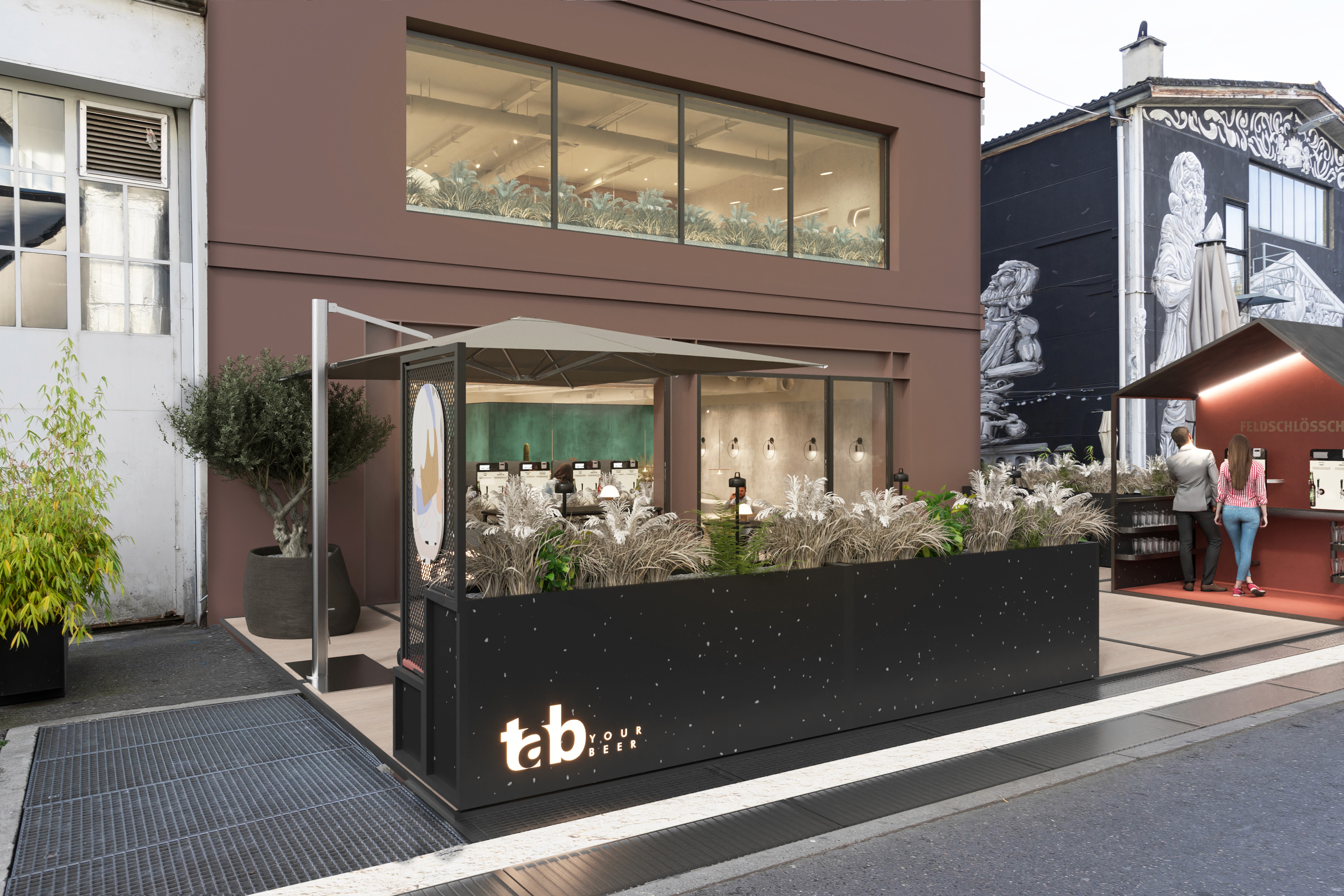 Eco material recycled terrasse furniture talyor solution  for feldschlösschen bar free service bar and testing beer desing and retail concept in Lausanne Switzerland  