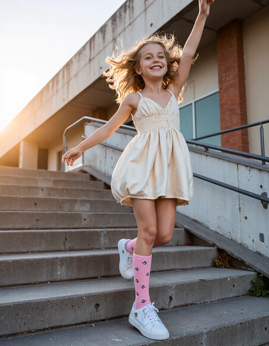 Child in cream sundress and pink patterned socks jumping joyfully on concrete steps during golden hour, arms raised in celebration