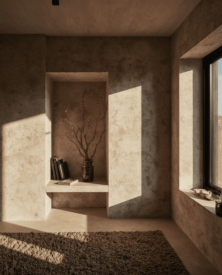 Minimalist built-in shelf with books and a branch in a vase, lit by sunlight through a large window.