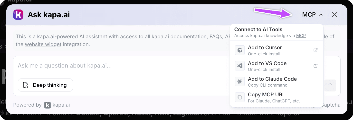 Dropdown MCP on kapa widget