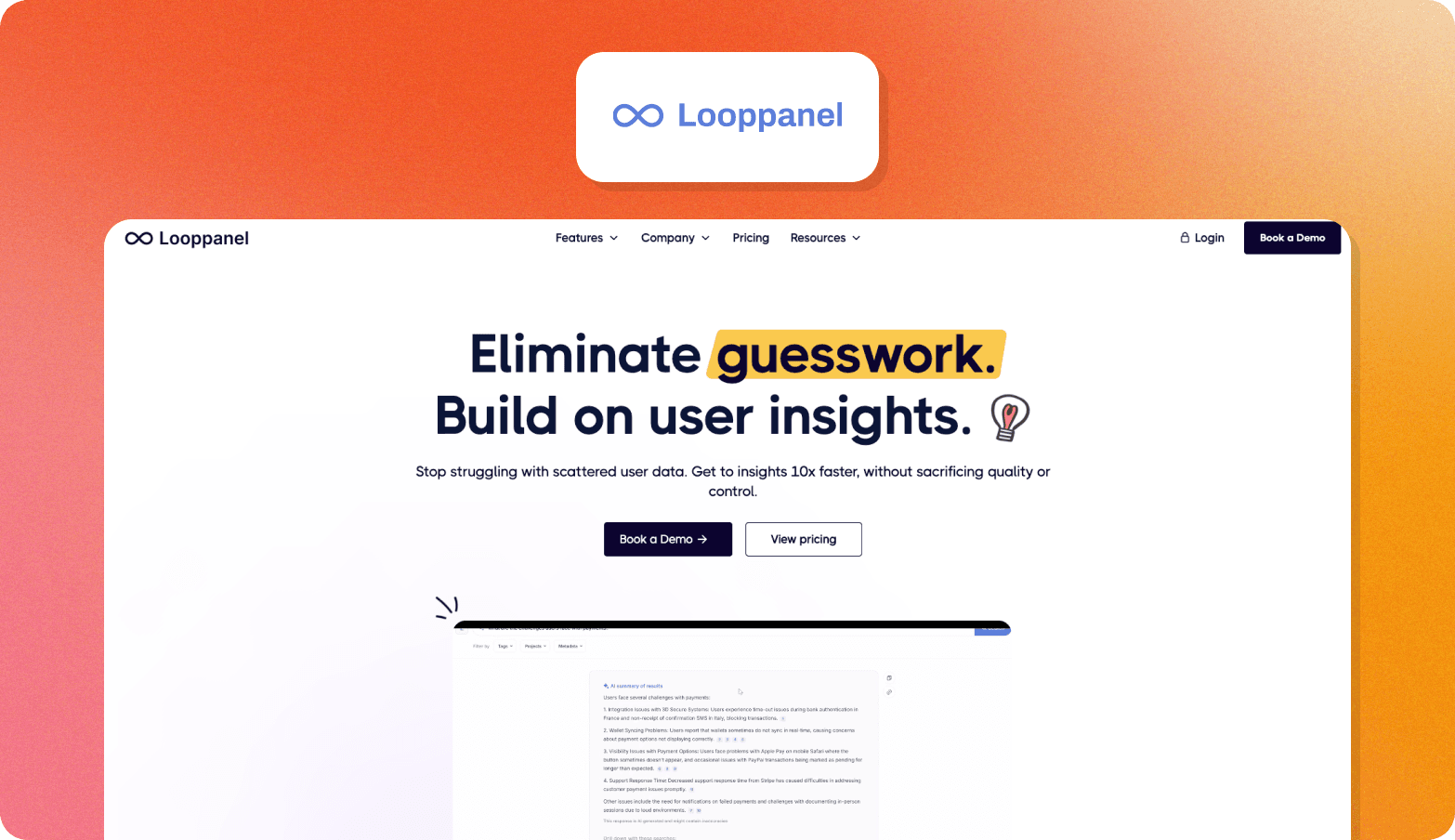 Screenshot of the Looppanel homepage with the headline "Eliminate guesswork. Build on user insights," showing an AI summary panel of user research findings