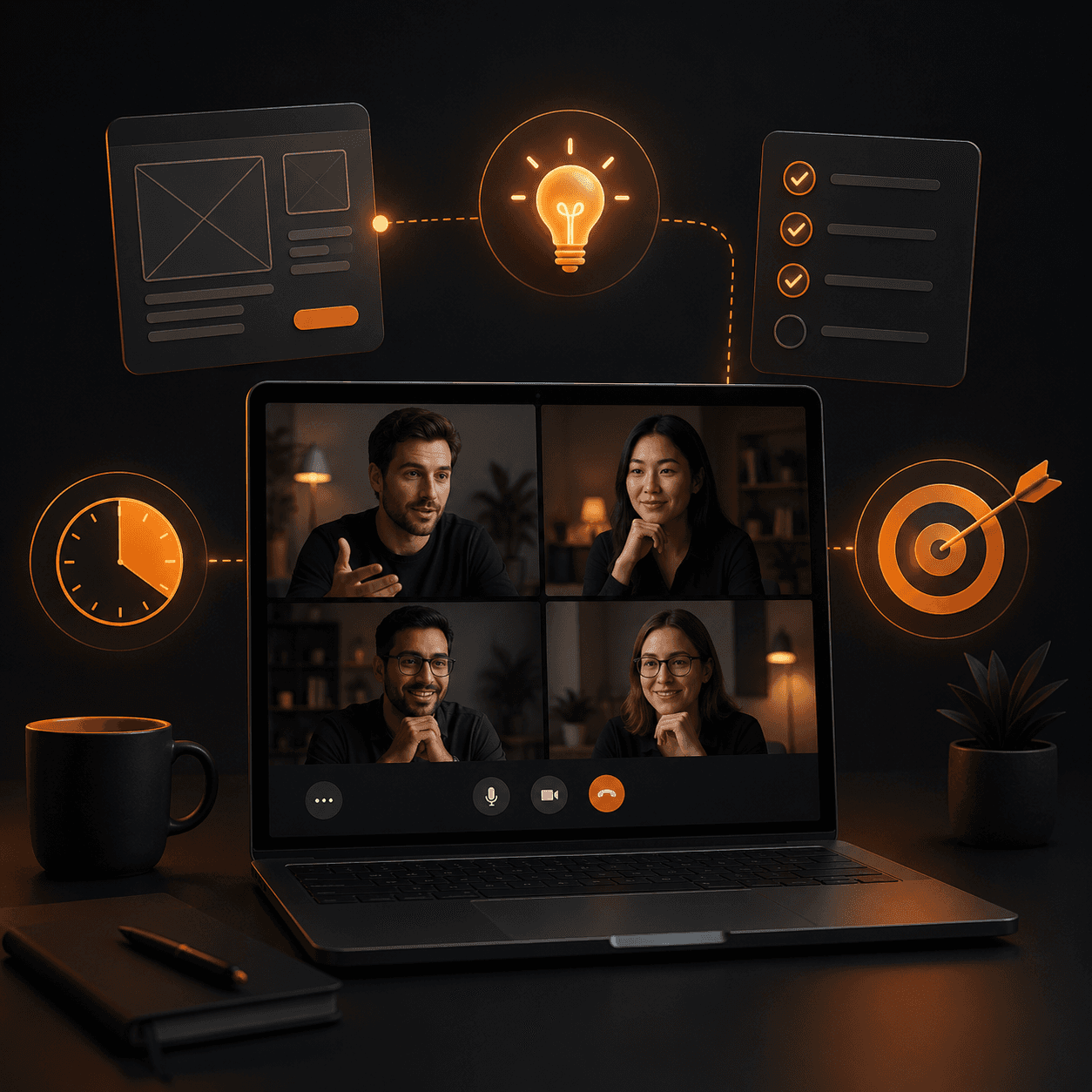 Illustration of a kickoff video call with idea, checklist and target icons