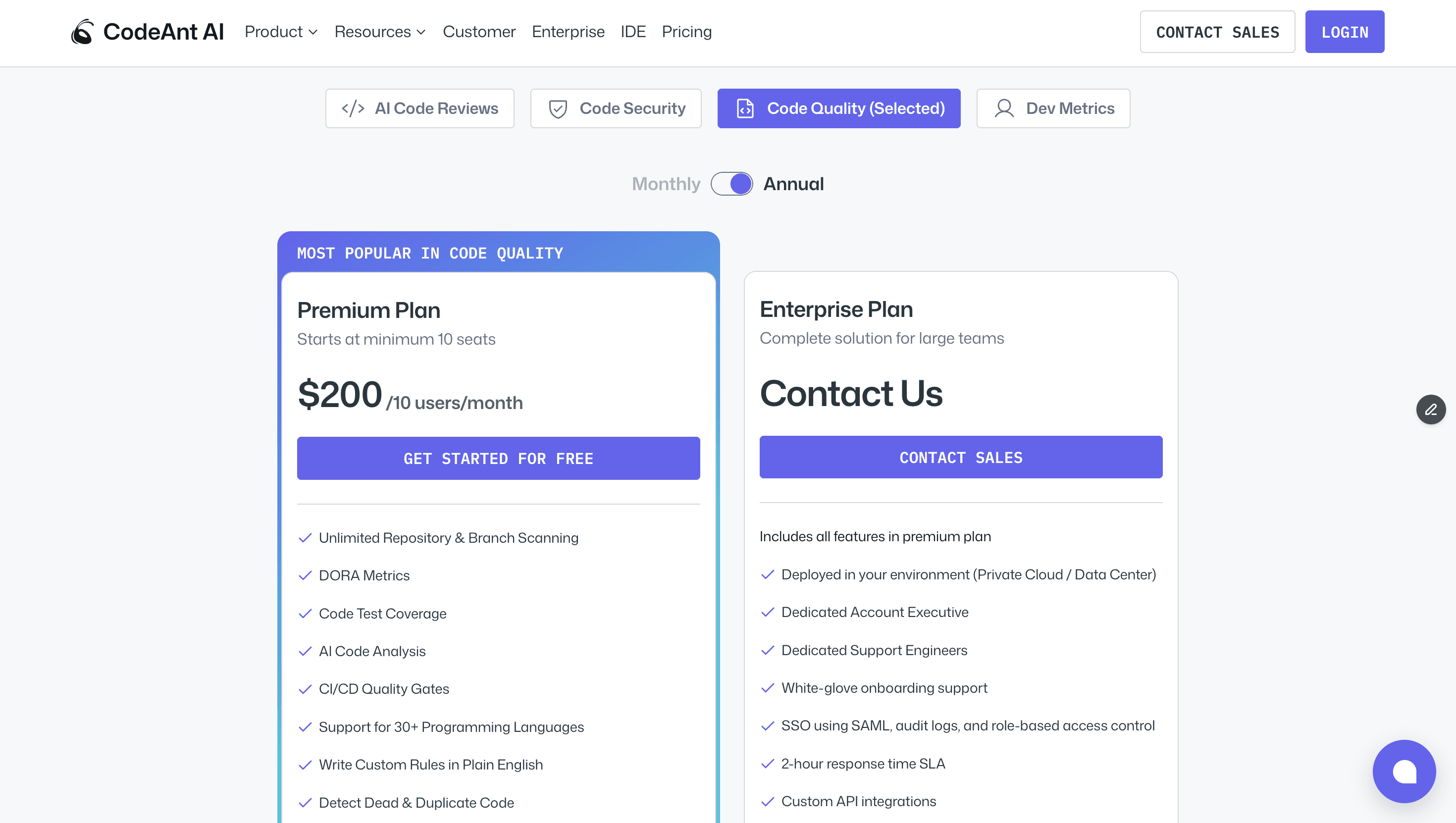 codeant.ai code review pricing page.