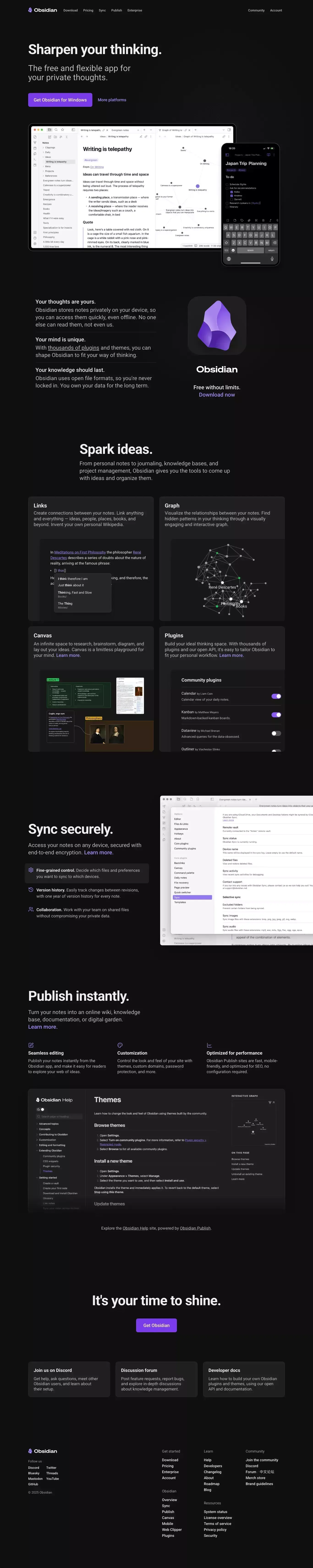 Obsidian - Sharpen your thinking landing page screenshot showcasing Tech and Writing design
