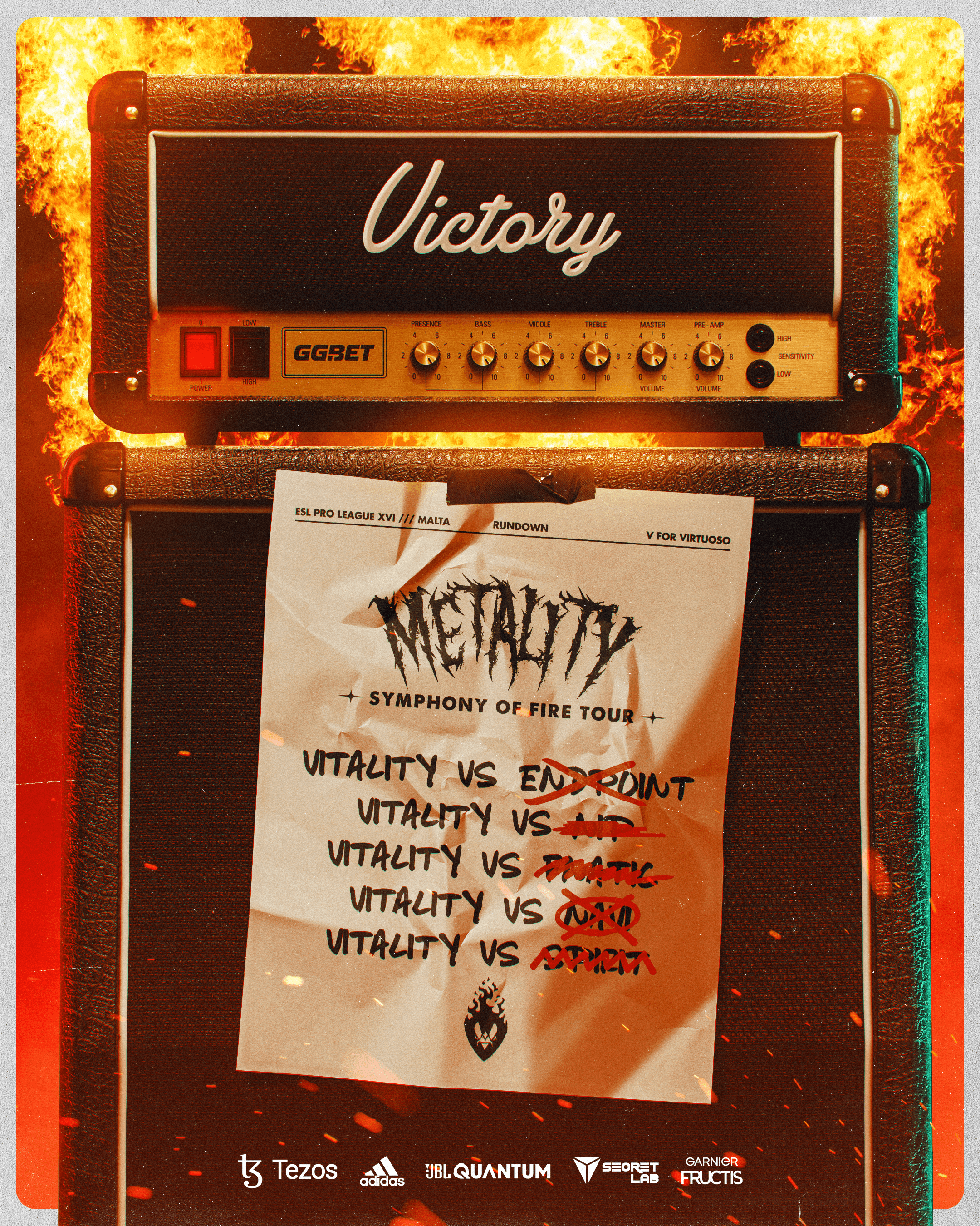 Visuel du Projet Metality : Deux amplificateurs noirs empilés sur un fond semblable à du feu, l'amplificateur du haut portant "Victoire" écrit en blanc, l'amplificateur du bas avec une affiche blanche attachée présentant le logo de Metality et un texte noir : "Tournée Symphony on fire, Vitality contre Endpoint, Vitality contre NIP, Vitality contre Fnatic, Vitality contre Navi, Vitality contre Spirit" avec Endpoint, Nip, Fnatic, Navi, Spirit barrés en rouge.