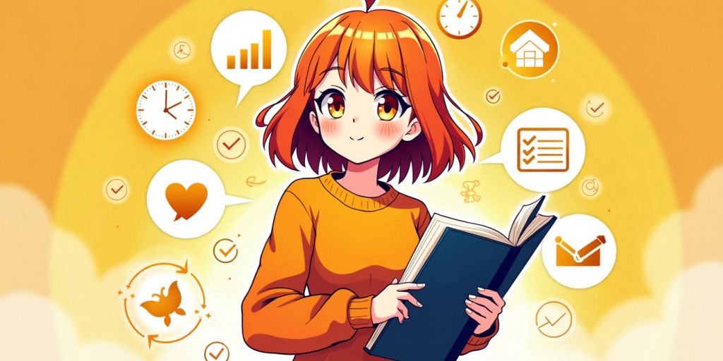 Anime character with planner and productivity icons