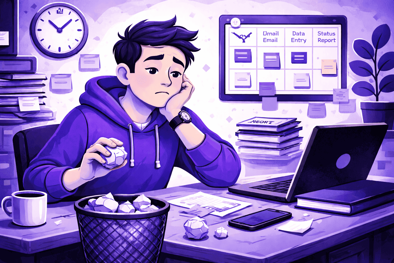 Underutilized employee feeling disengaged at work, watching time pass while doing low-impact tasks at his desk