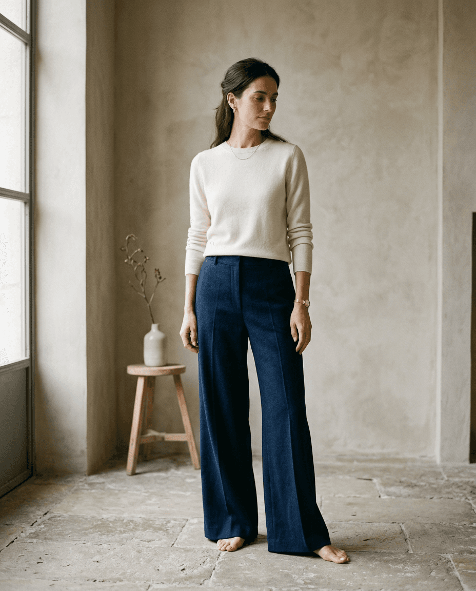 Camel Wide-Leg Wool Trousers — Deep Navy — editorial