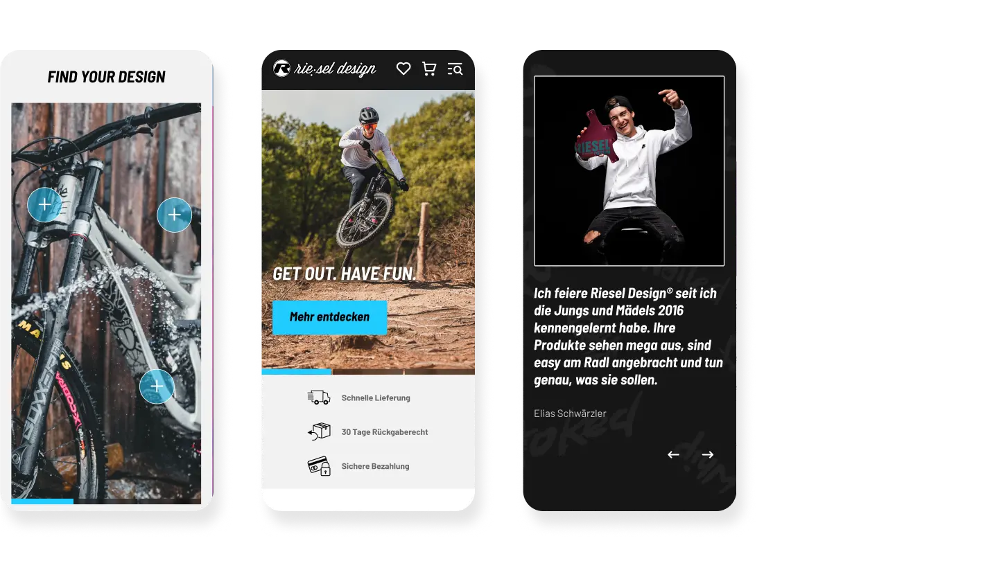 Drei beispielhafte Ansichten der mobilen Ansicht der Webseite