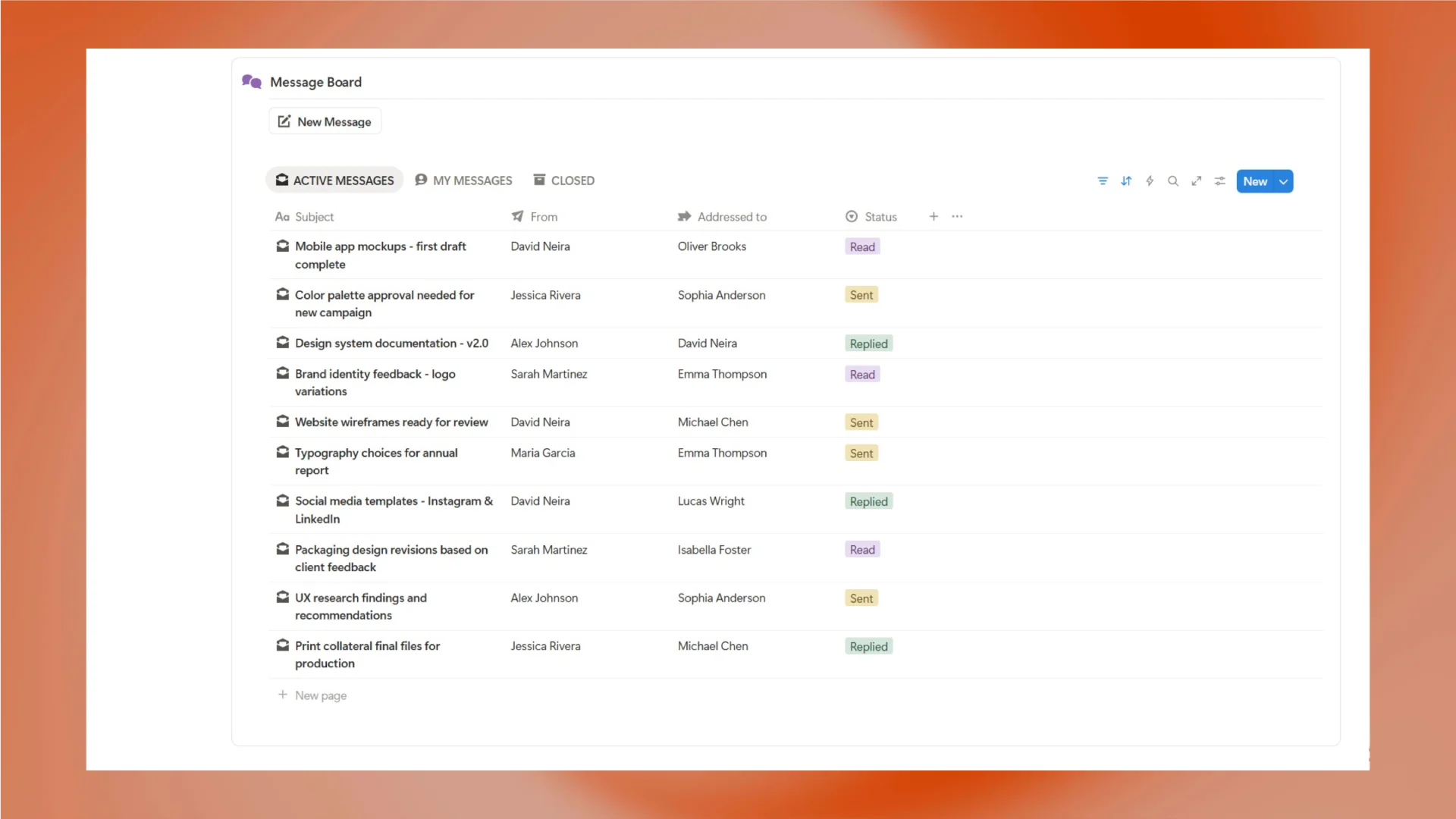 Message Board Screenshot