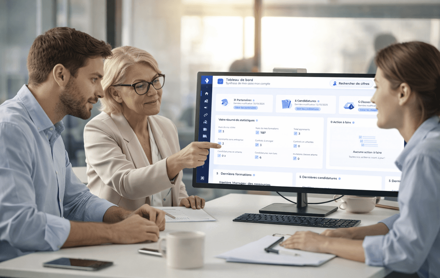 Équipe administrative d’un CFA autour d’un écran affichant Linkpick, logiciel de gestion CFA, avec un tableau de bord (candidatures, partenaires, classes, formations et indicateurs).