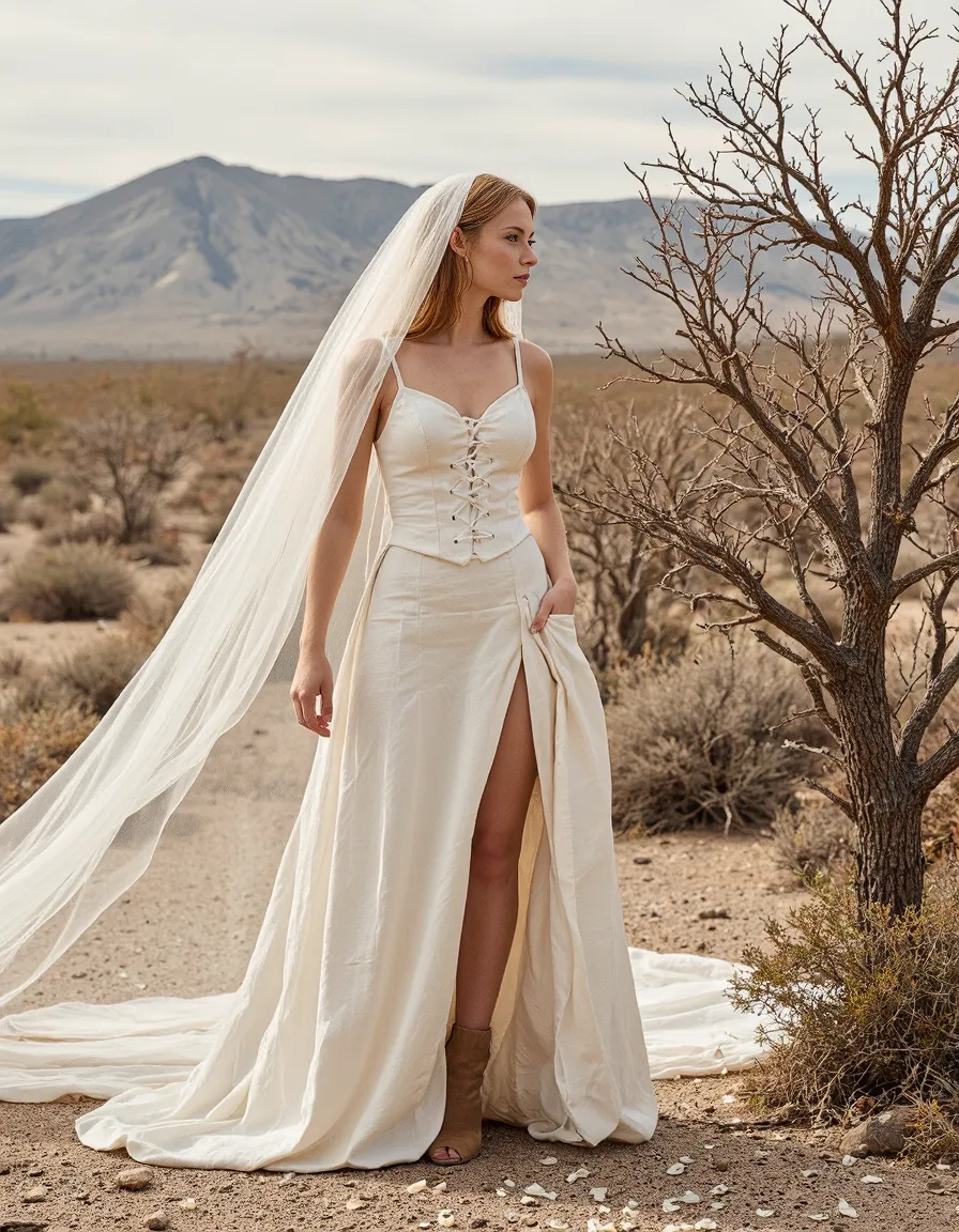 Wedding dress with corset bodice and flowing skirt in desert landscape with mountains in background and dramatic long veil