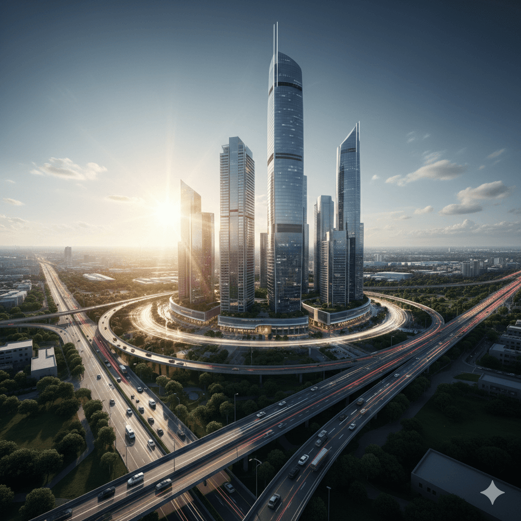 Aerial view of a bustling commercial hub with high-rise buildings and illuminated highways in Sector 115 Gurugram