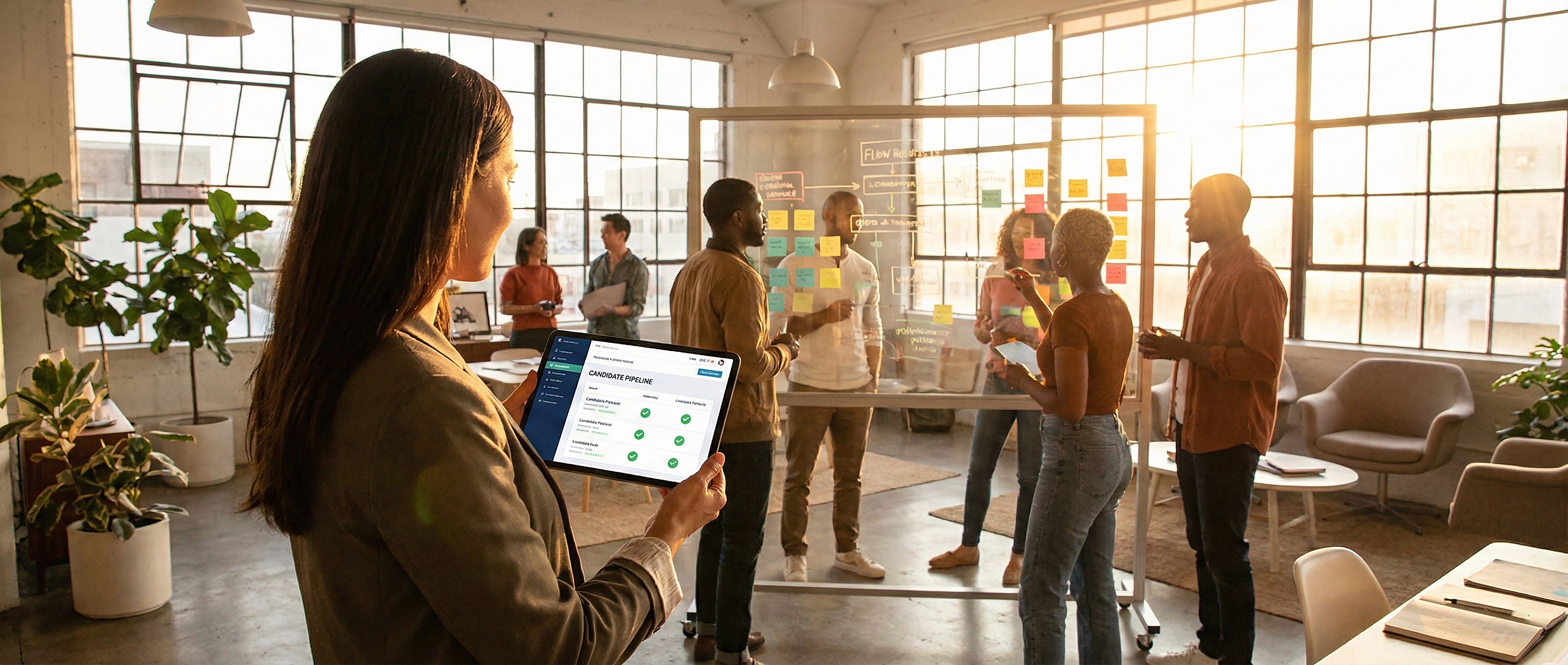 A professional manager using a smart hiring system in a modern office.