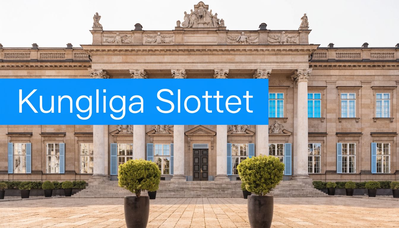 Det kungliga slottet i Stockholm med sina stora pelare och välskötta buskar på en solig dag.