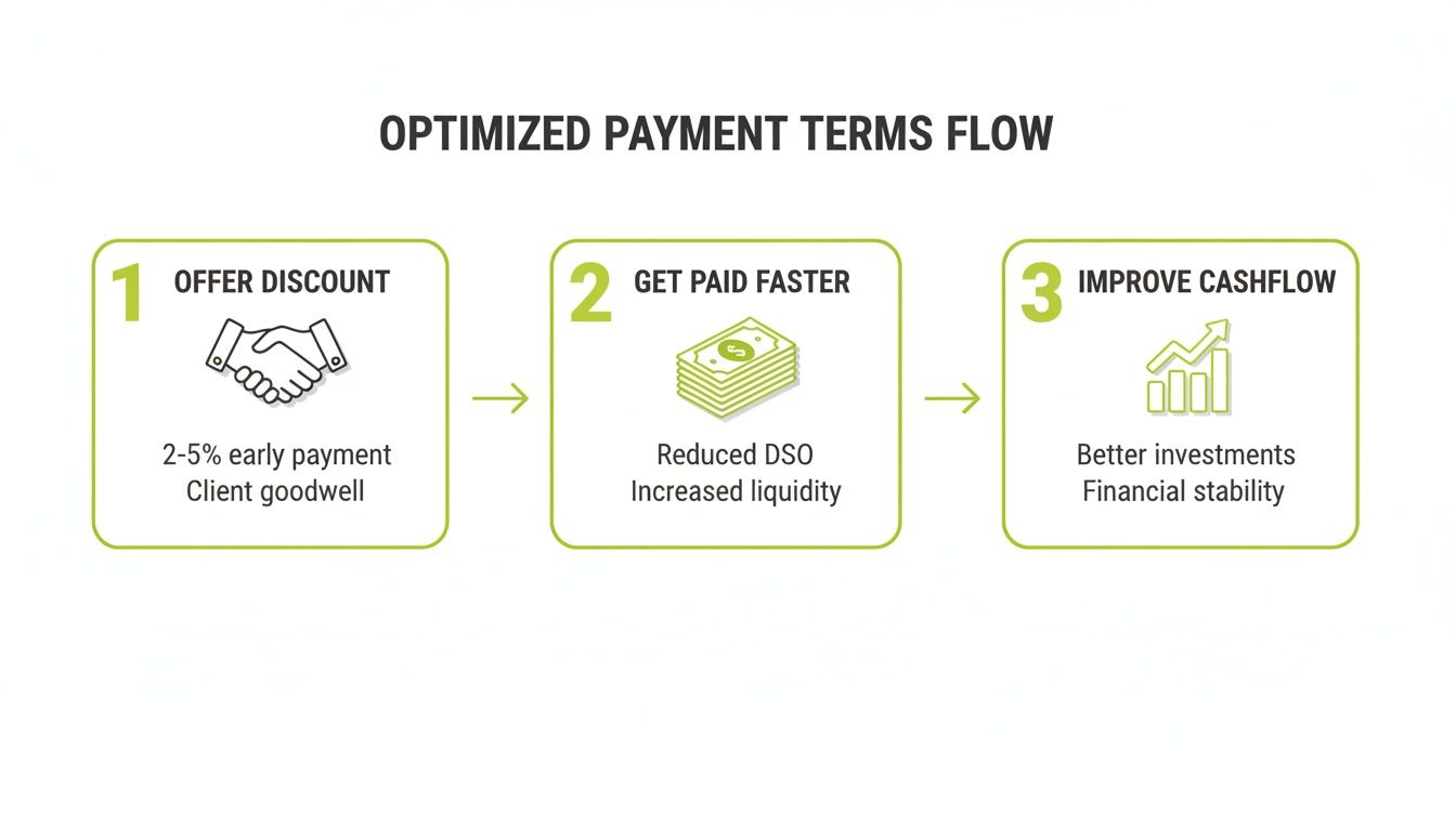 A three-step diagram explaining optimized payment terms flow: offer discount, get paid faster, improve cashflow.