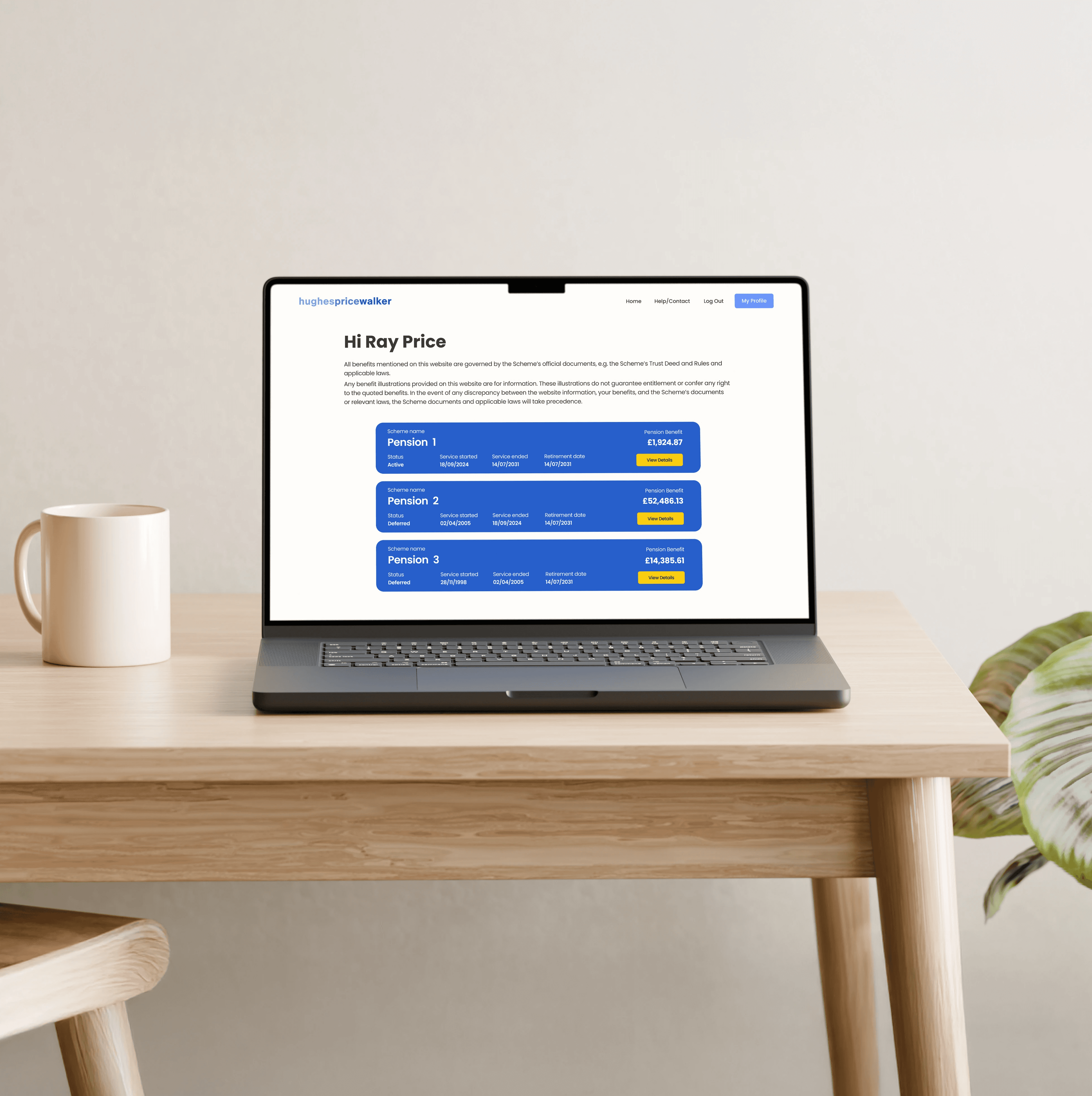 Laptop showing the Hughes Price Walker online pension portal with member benefit information.