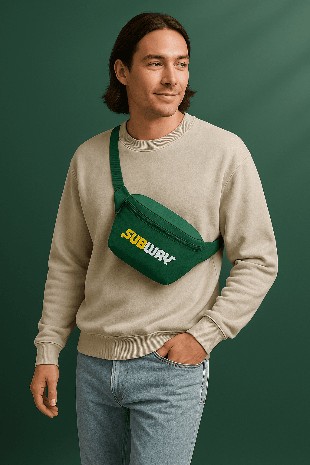 Homme portant un sweatshirt beige et un jean clair avec un sac bandoulière vert arborant le logo Subway, posant devant un fond vert.