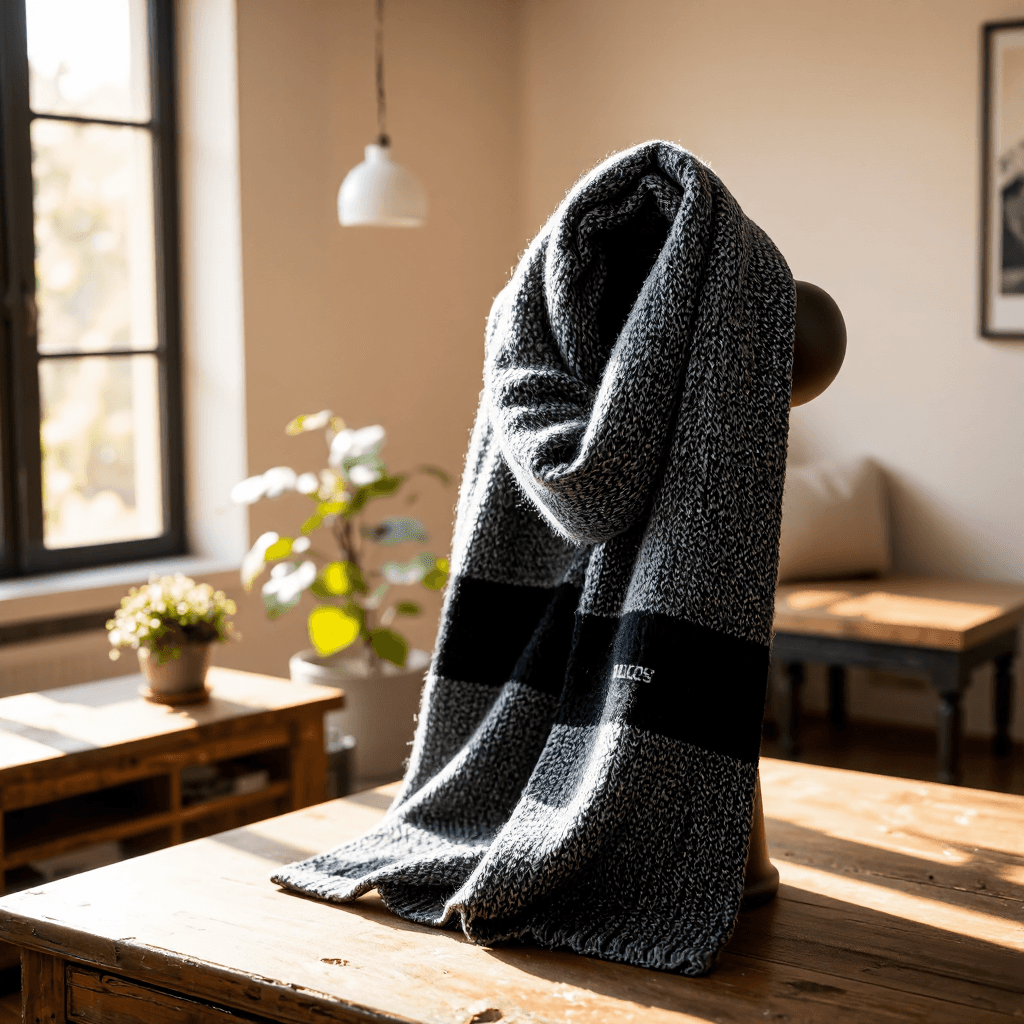 product photography of a knitted scarf with a patterned design