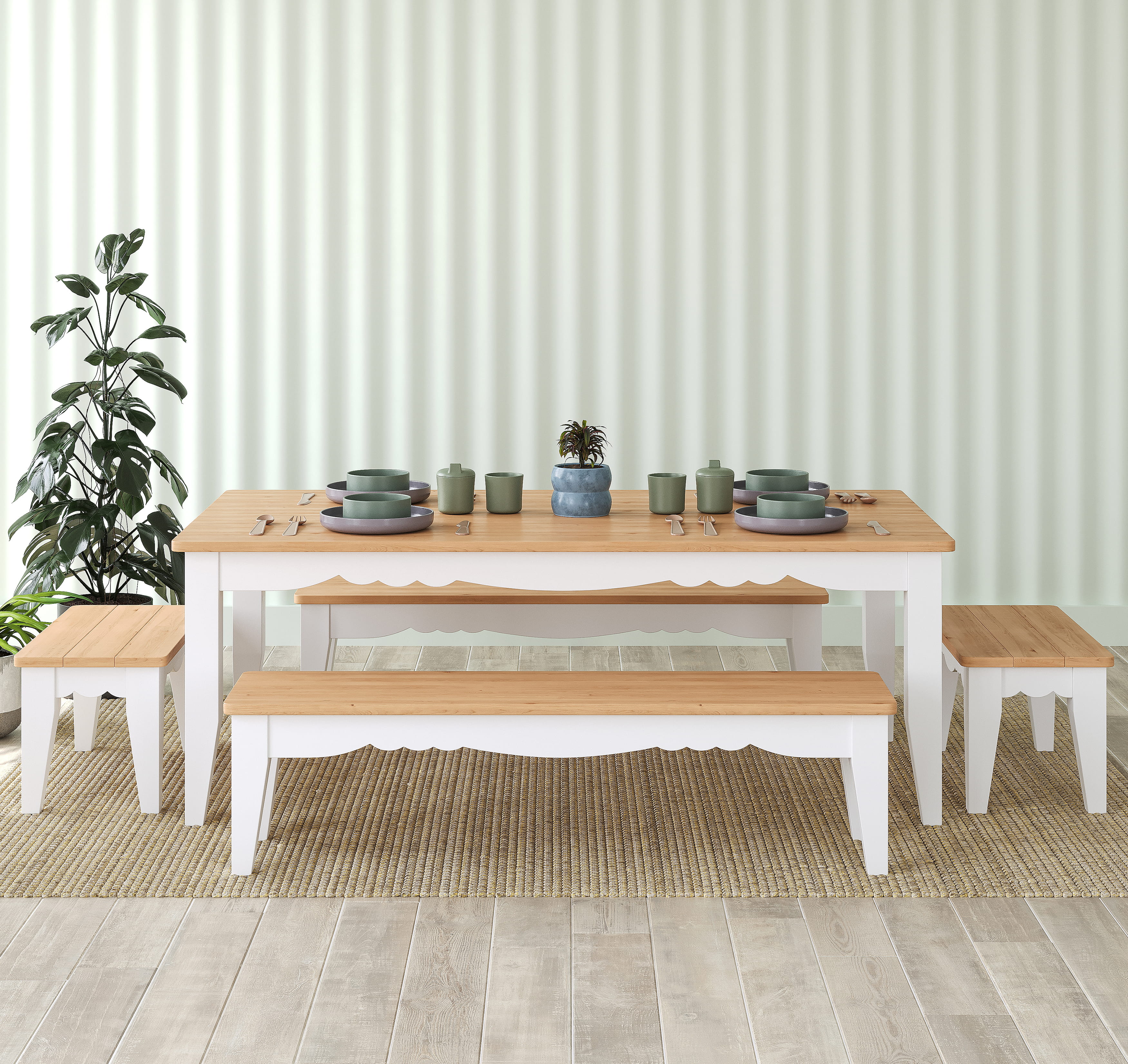 Wooden dining table with white base, styled with tableware, front view render