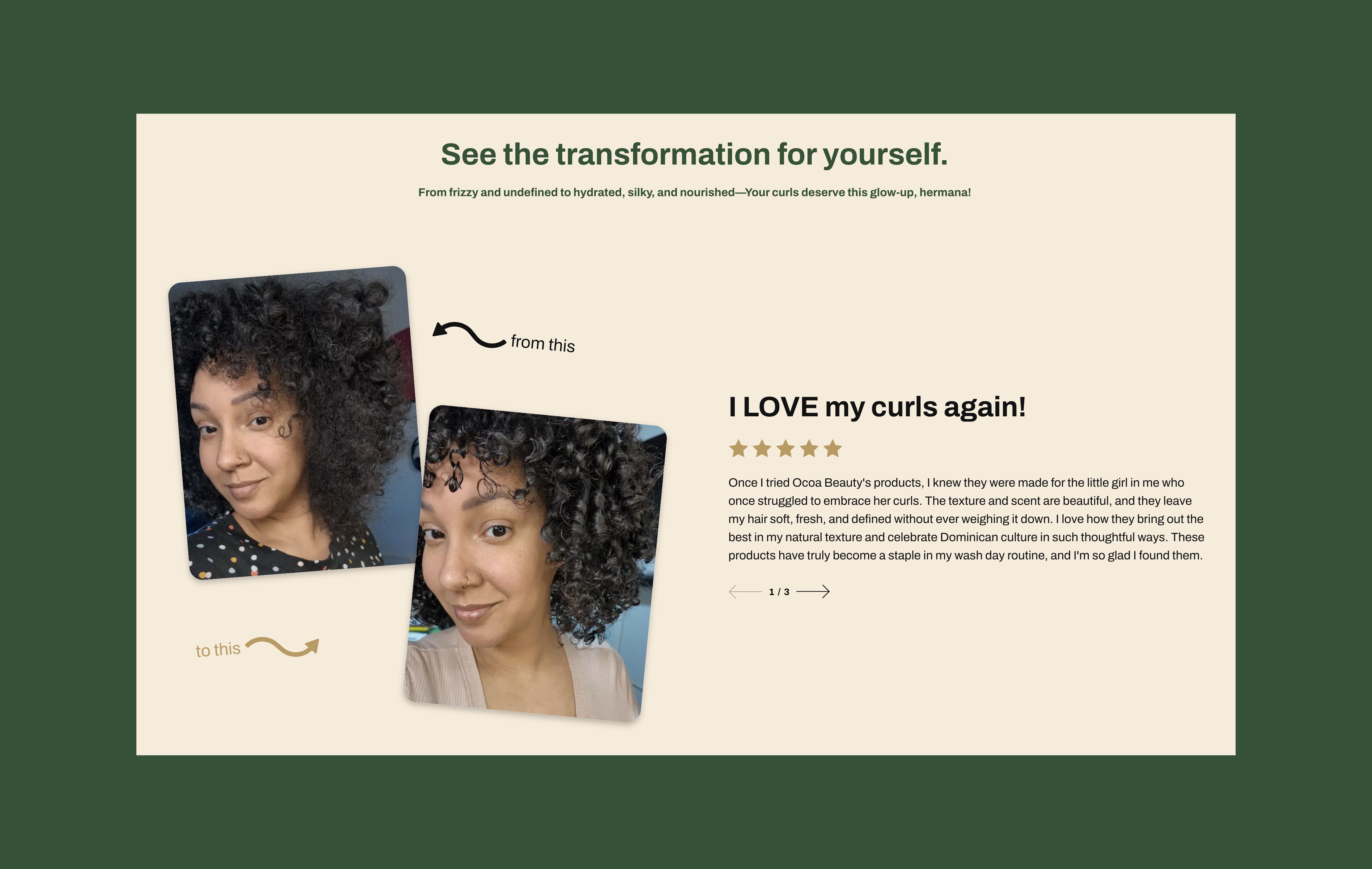 Ocoa carousel showing customer before-and-after with clickable reviews