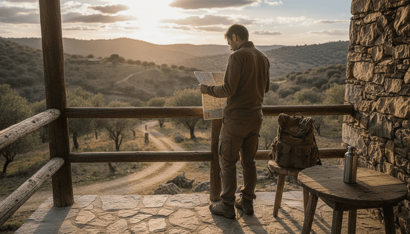 Viajero en la terraza de una cabaña, listo para la aventura con todo su equipo