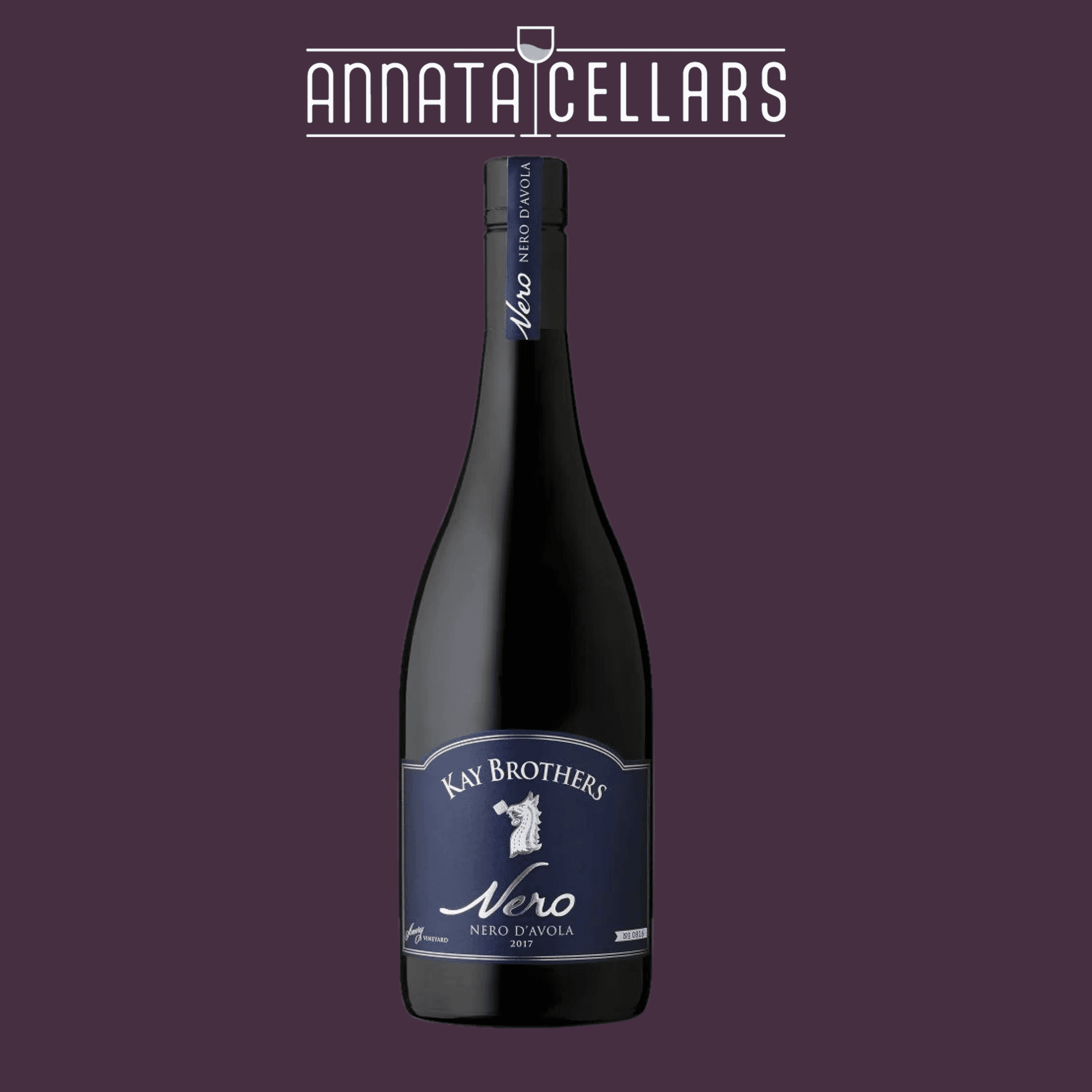 Kay Brothers Nero d'Avola wine bottle, dark glass with blue label and crest