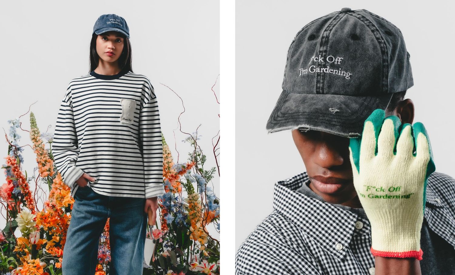 Deux photos se shooting, la femme porte une marinière et une casquette et close-up d'un visage portant une casquette délavée "fuck off, I'm gardening"