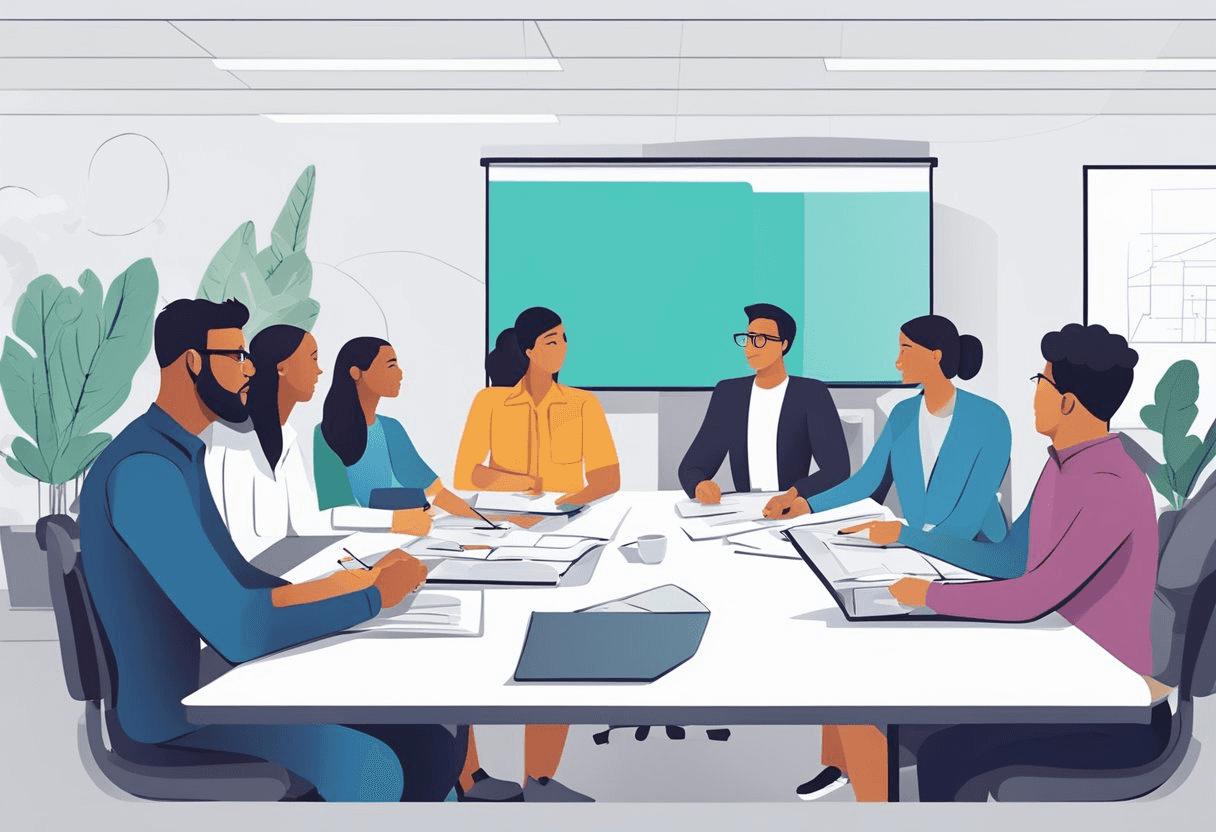 A group of workers gather around a table, engaged in a discussion. A whiteboard displays strategies for retaining employees. The atmosphere is focused and collaborative