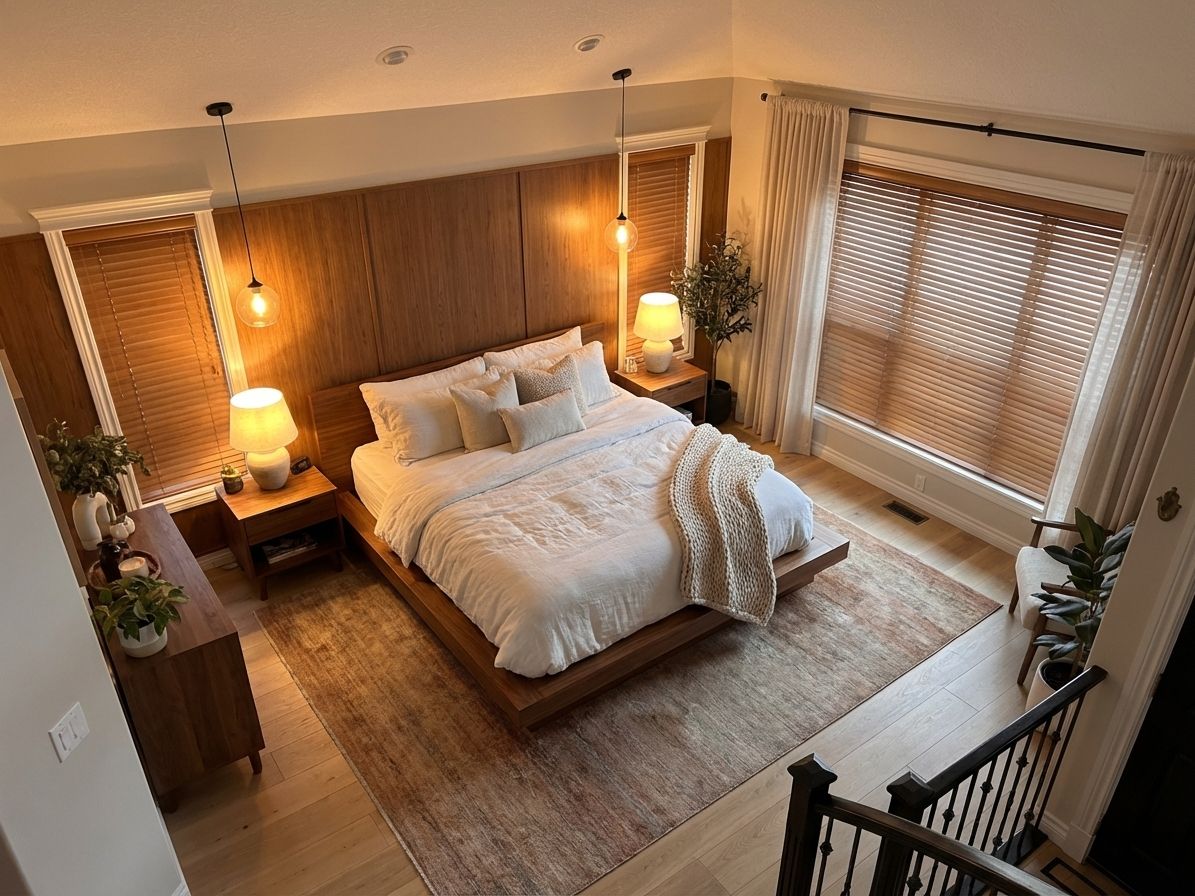 Bedroom remodeled in cozy modern style with warm wood tones using AI