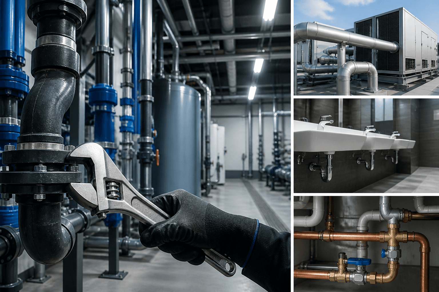 a plumber installing new sinks and fixtures at a commercial building