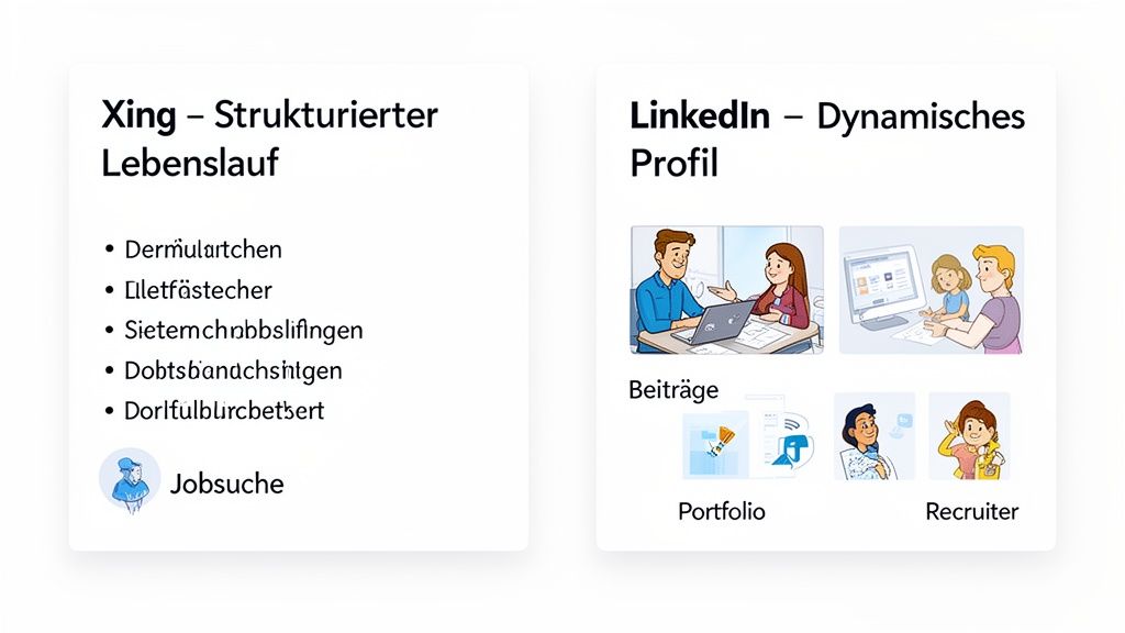 Ein Vergleich von Xing als strukturierter Lebenslauf-Plattform und LinkedIn als dynamischem Profil für Jobsuche und Netzwerk.