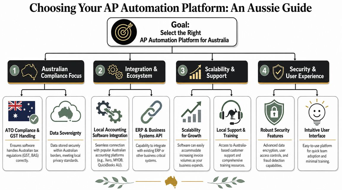 An infographic titled Choosing Your AP Automation Platform: An Aussie Guide outlining four key selection criteria.