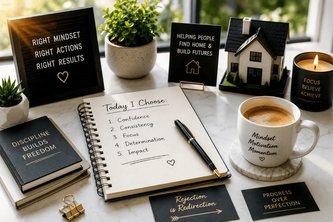 A real estate agent writing positive mindset affirmations in a morning journal while drinking coffee.