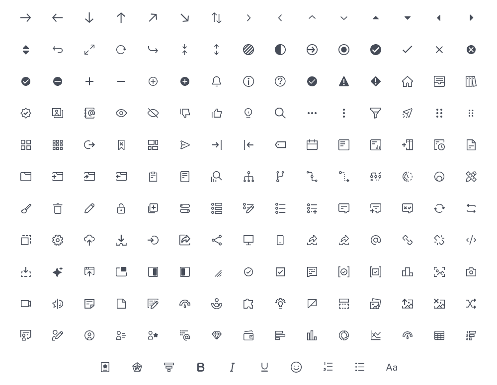 Lista extensa com diversos ícones como setas direcionais, de navegação de menus, comentários, confirmações, perfis etc