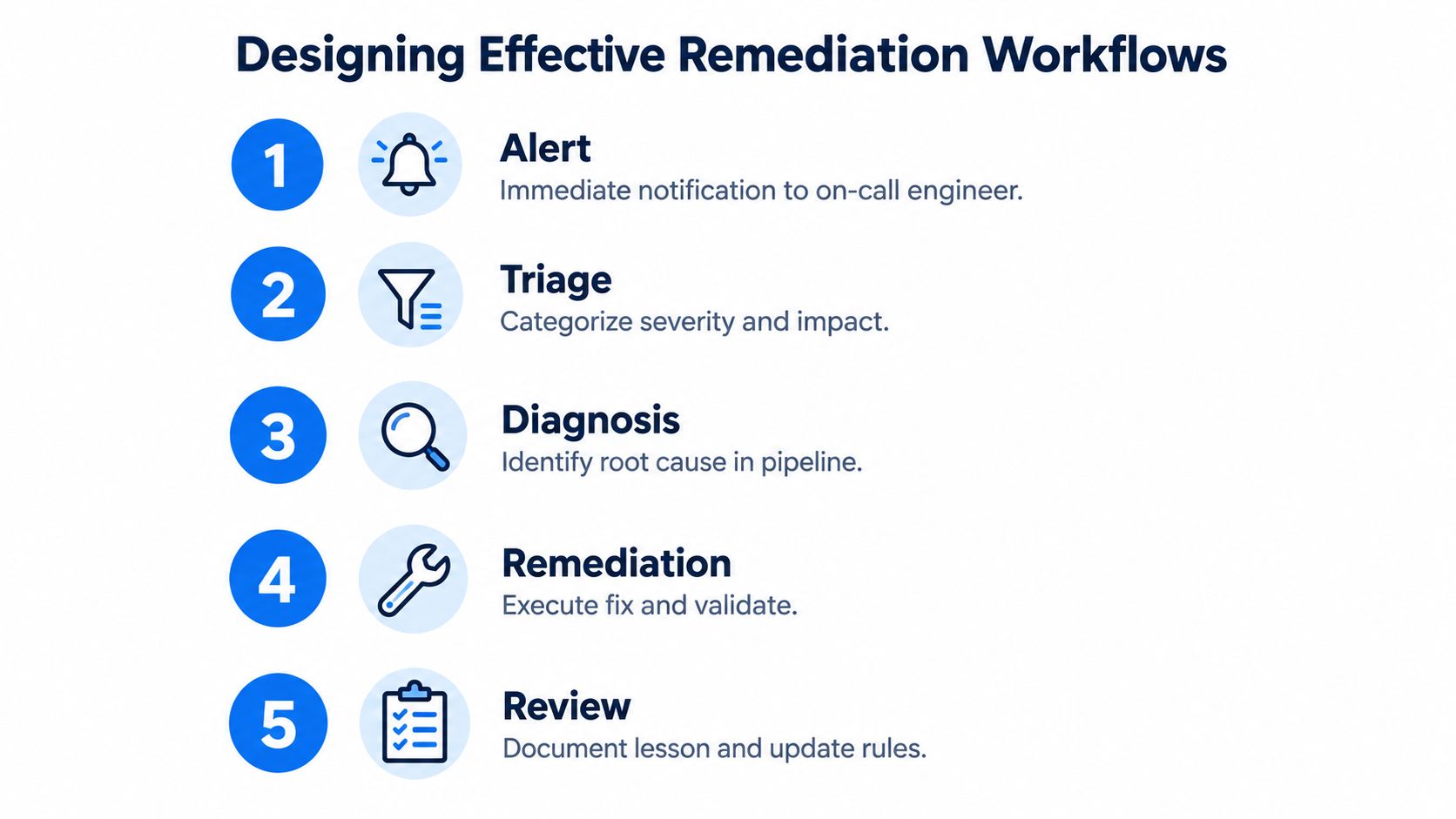 A five-step infographic titled Designing Effective Remediation Workflows illustrating the process for resolving operational incidents.