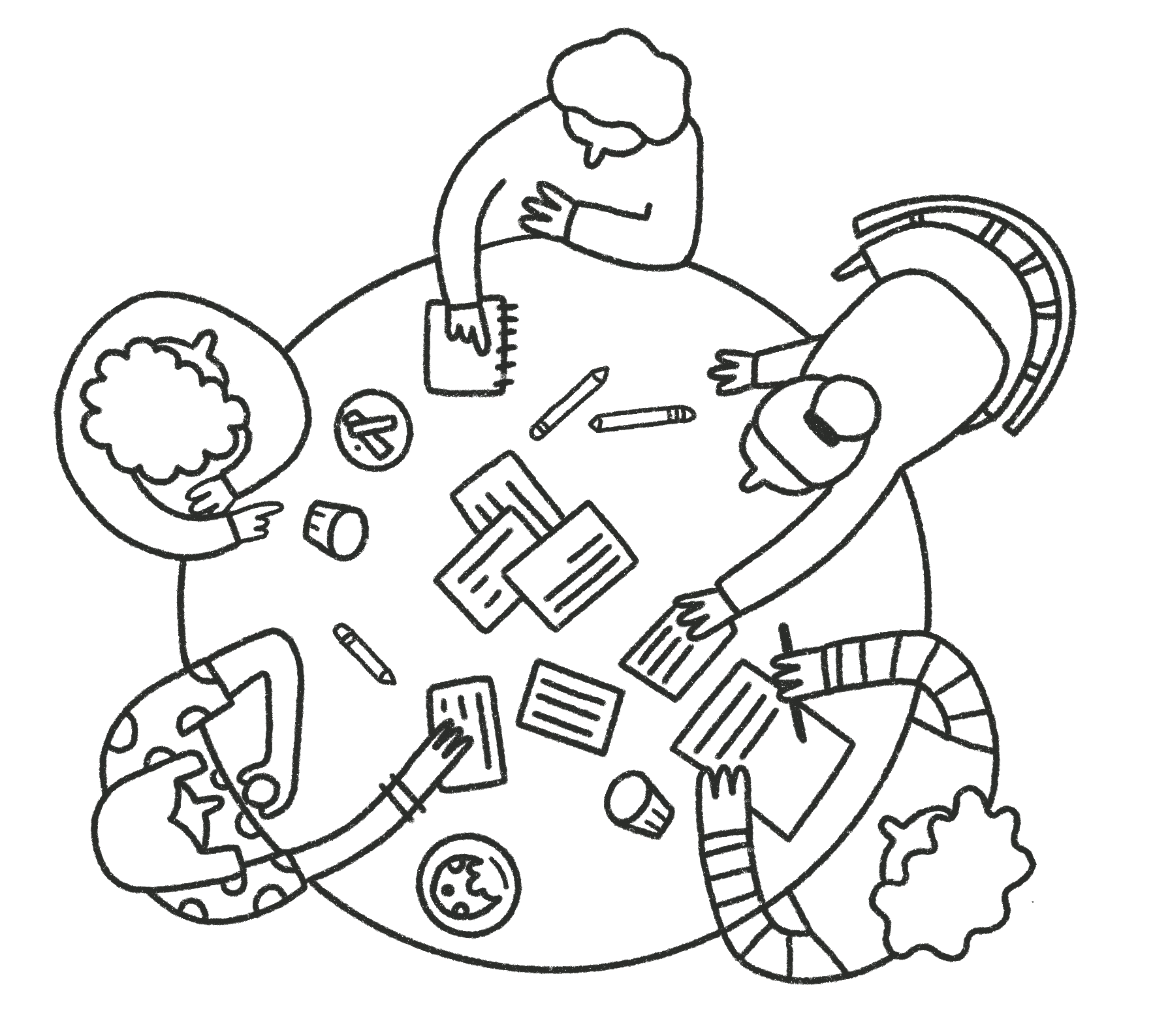 Illustration of people gathered around a table, writing and sharing ideas.