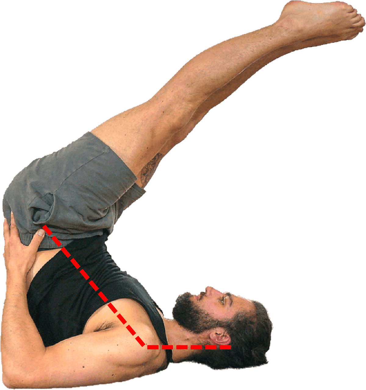 Supported Shoulderstand with red dotted lines drawn along the deeply flexed neck and across the shoulder blades, showing how far the neck sits from neutral under load.