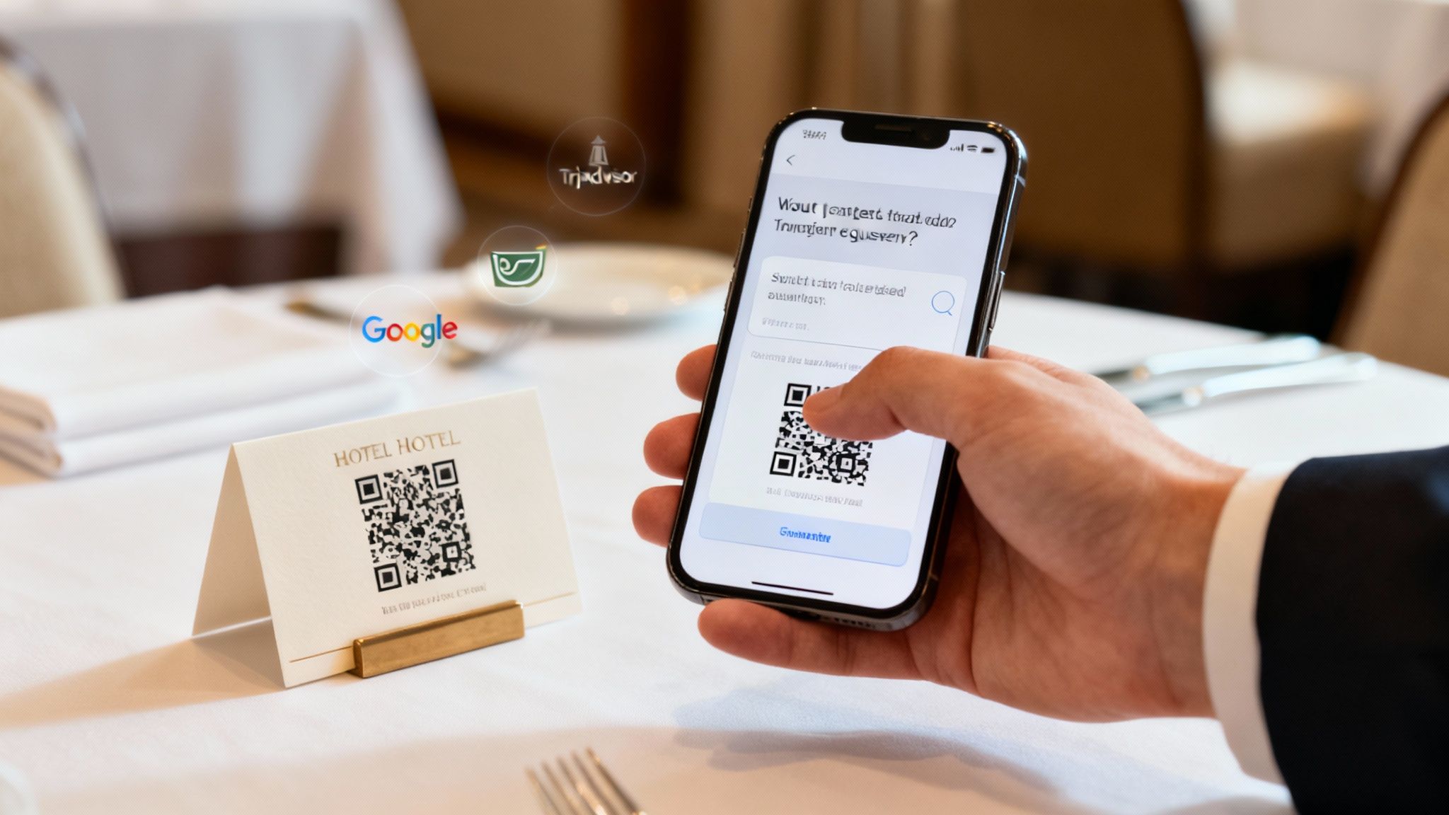 A hand scans a QR code on a table tent in a restaurant using a smartphone, showing digital interactions.