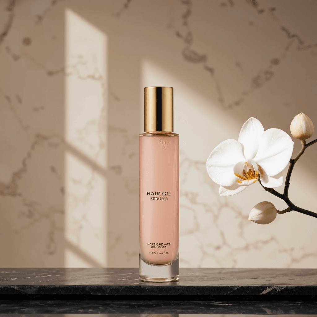 product photography of a bottle of hair oil serum