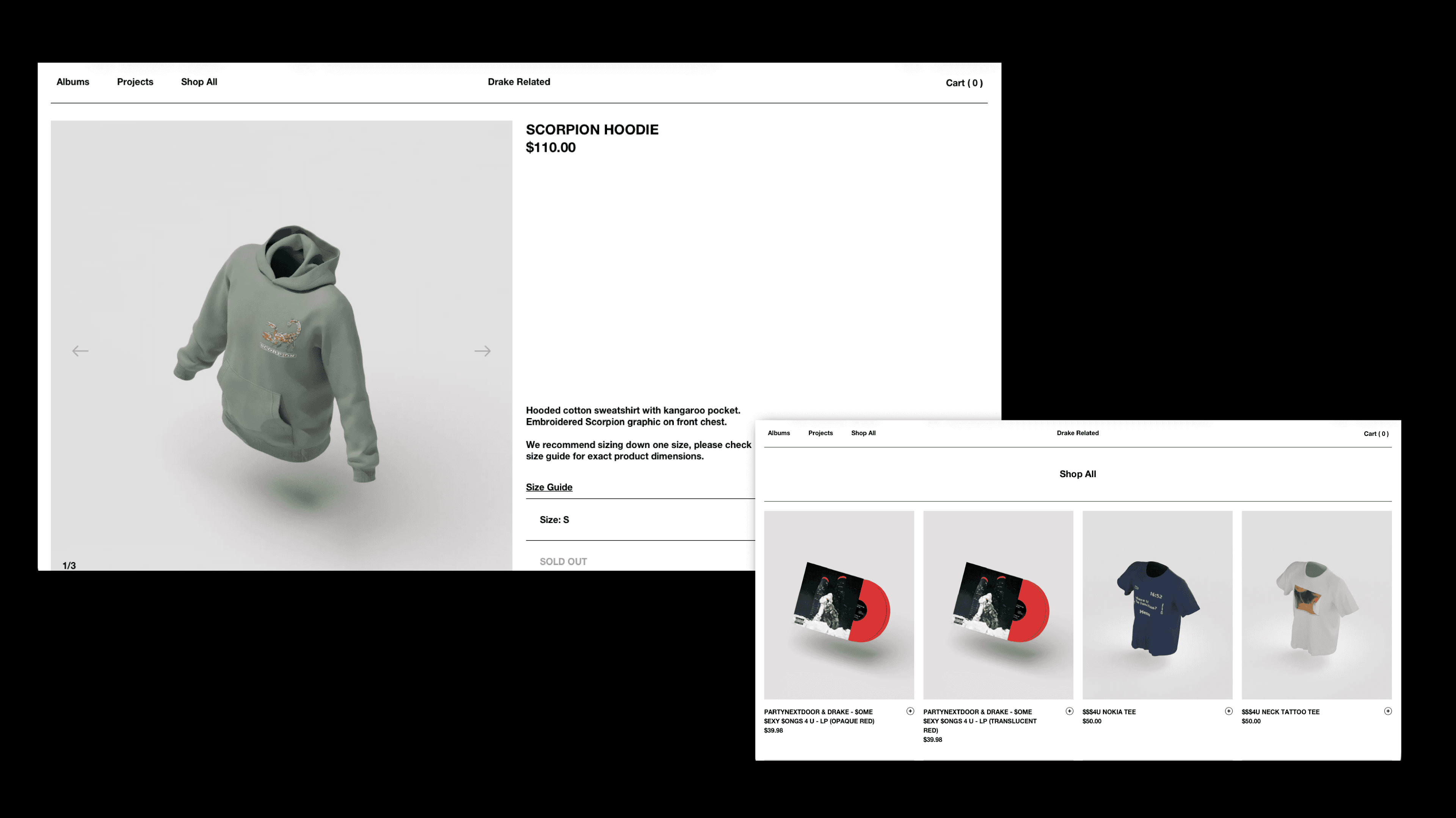 Drake Related web design mockup shows a hoodie product page and shop grid on a black background.