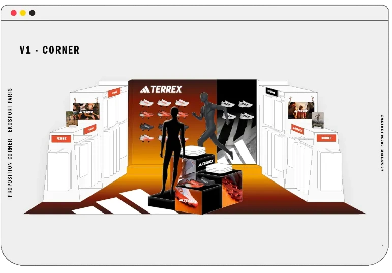 Concept visuel 3D du corner adidas Terrex imaginé par Outdoor Perspectives.
