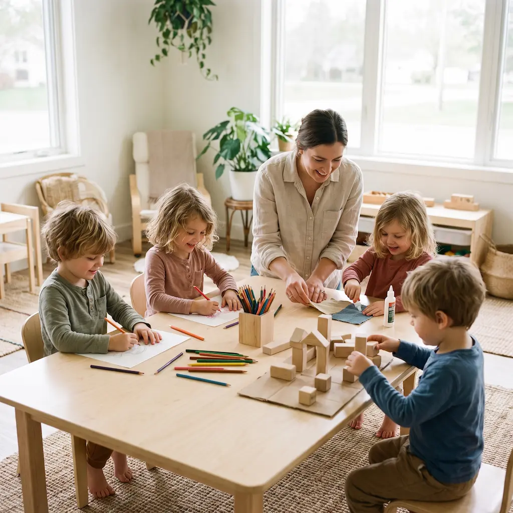 Children creating art with an adult in a classroom